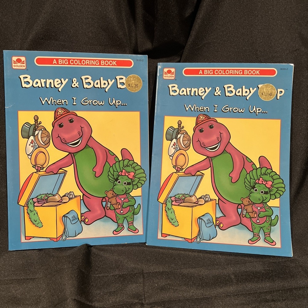 2- Golden PBS Barney &‎ Baby Bop Coloring Books 1993-NEW-UNUSED-Purple Dinosaur